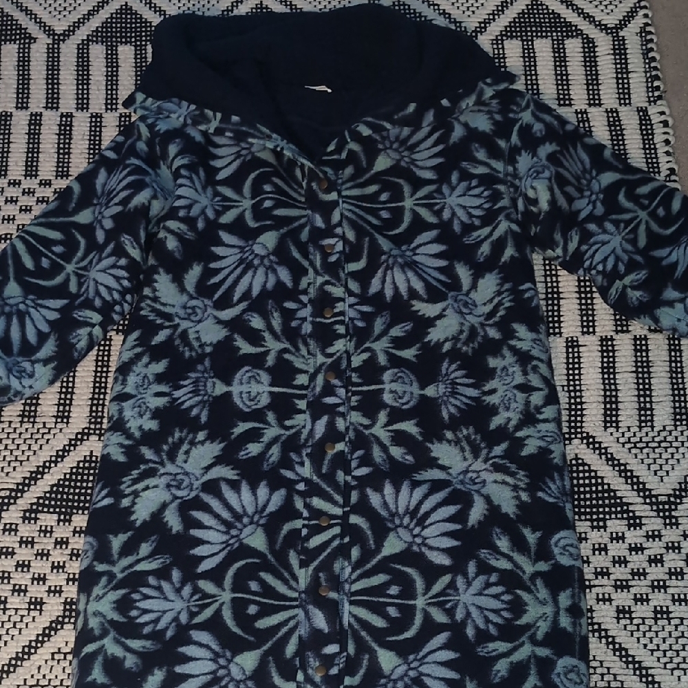 Blue Floral Fleece Button-Up Hooded Coat